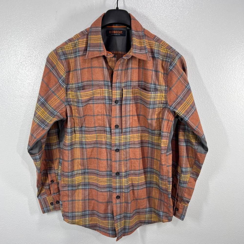Ridgecut Toughwear Mens Flannel Shirt Medium Orange Plaid Button Up Workwear‎